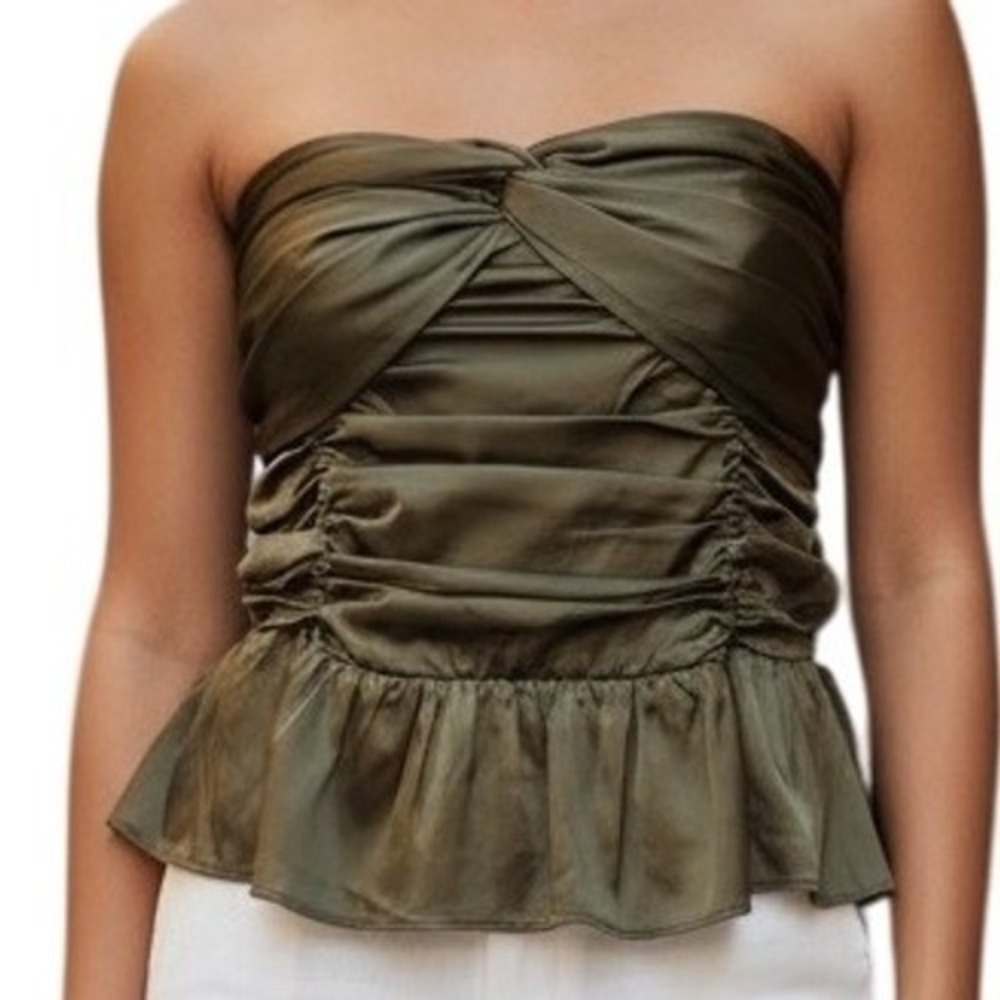 EXPRESS Olive Green‎ Satin Smocked Ruched Strapless Peplum Top Size Large